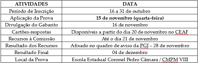 CALENDÁRIO PROVA CEAF