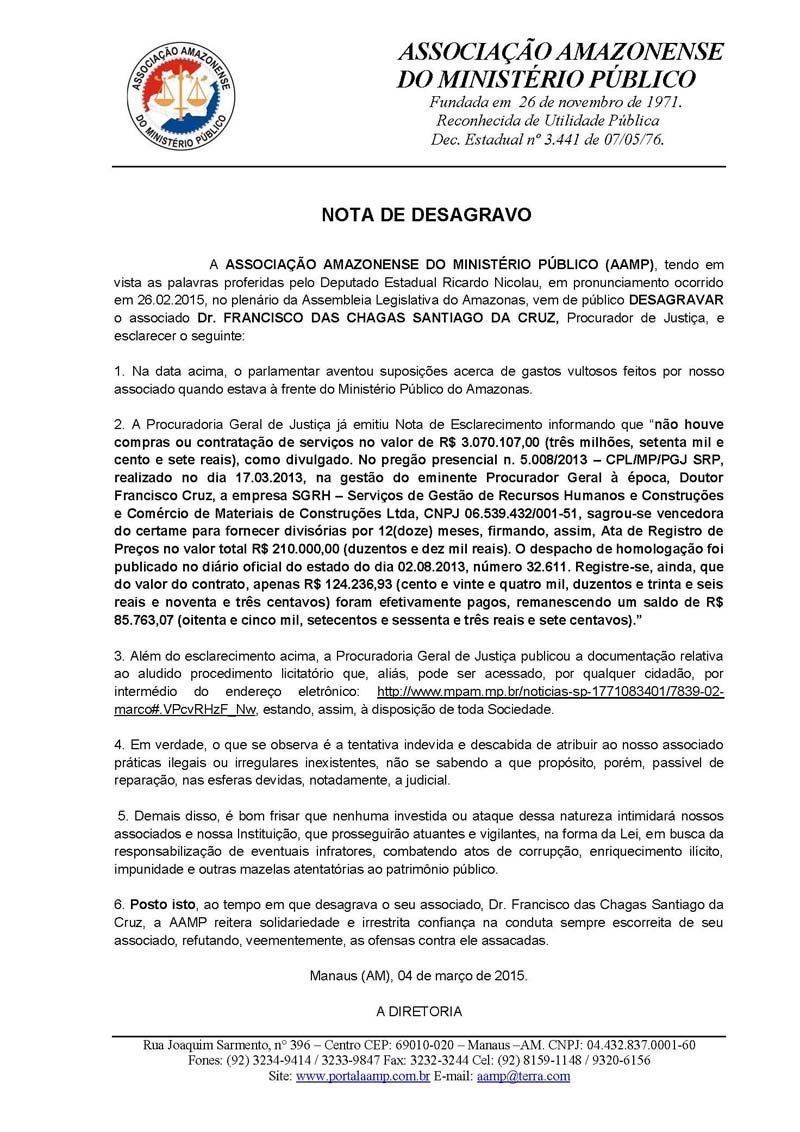 Nota de Desagravo AAMP em favor de associado Page 1